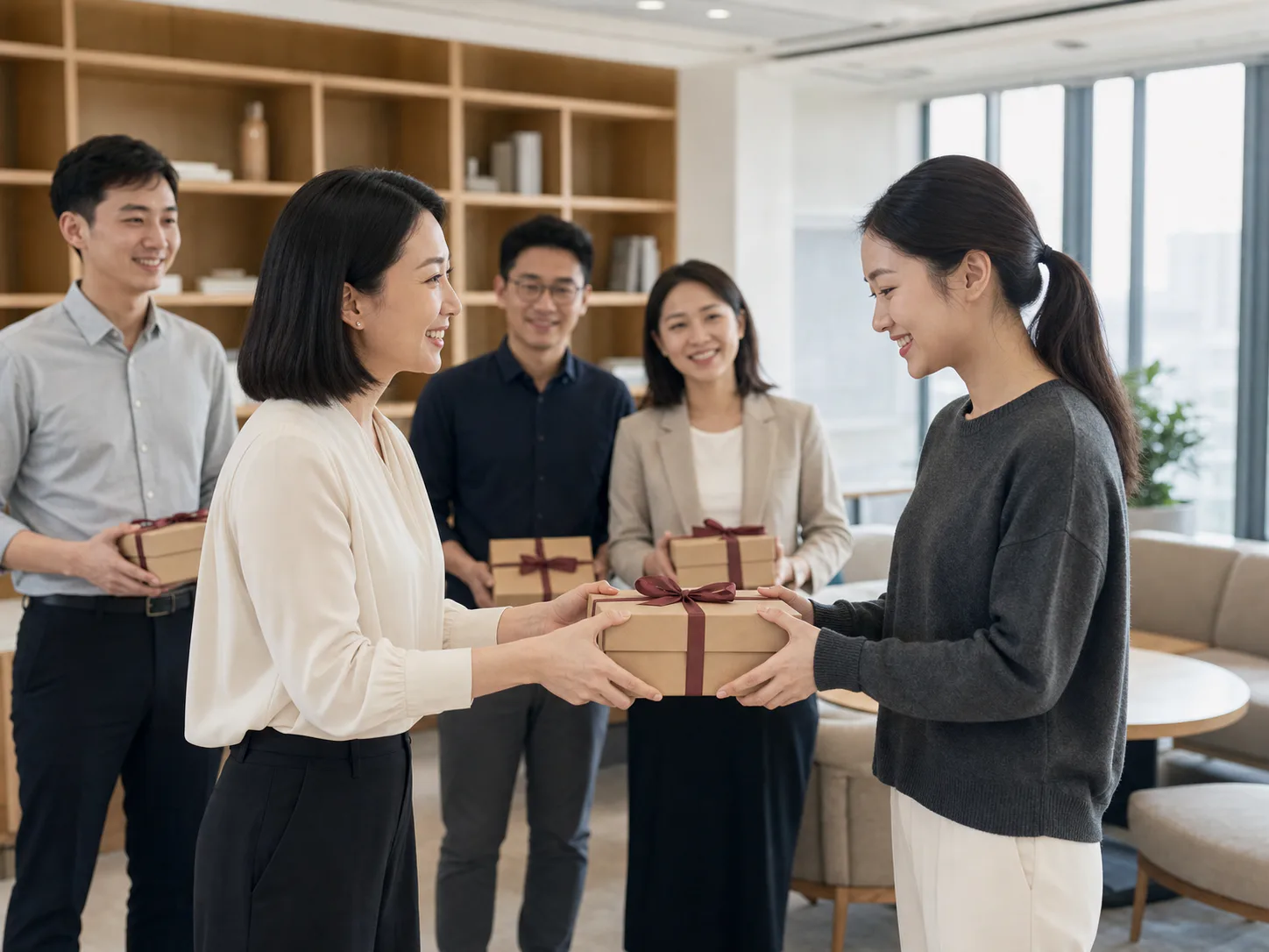 企业负责人在办公室向员工赠送礼物